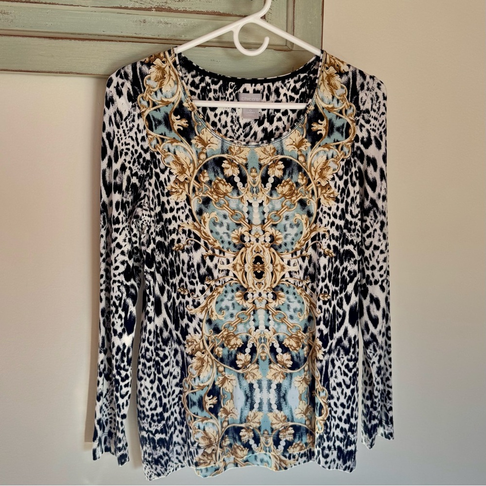 Chico's Elegant Scoop Neck Top, Blue, Gold, and Black Design